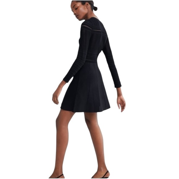 ZARA Rare Textured Open Weave Long Sleeve A Line Black Ribbed Dress size Large - Picture 2 of 12